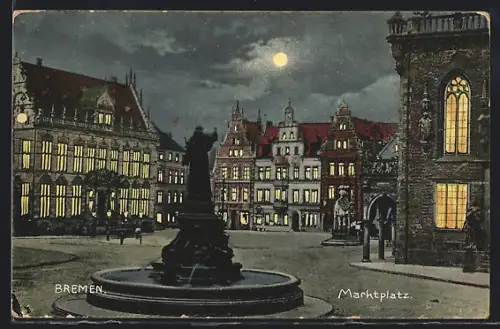 AK Bremen, Marktplatz mit Brunnen und Mond