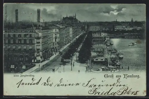 Mondschein-AK Hamburg-Neustadt, Alter Jungfernstieg mit Alster und Booten
