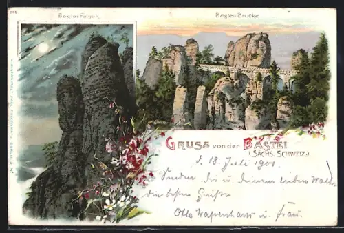 Lithographie Bastei, Basteifelsen, Basteibrücke