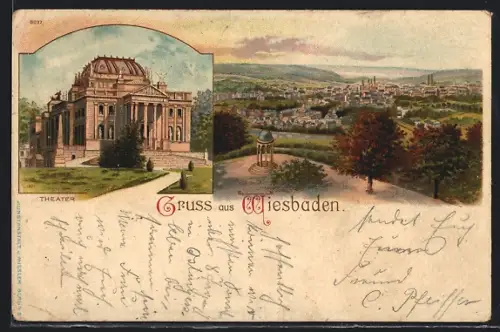 Lithographie Wiesbaden, Theater und Gesamtansicht mit Umgebung