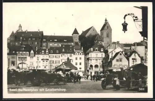 AK Basel, Barfüsserplatz mit Leonhartsburg