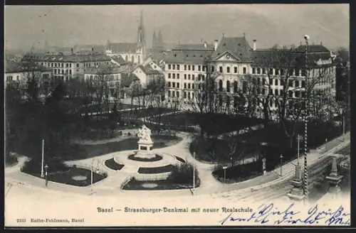 AK Basel, Strassburger-Denkmal mit neuer Realschule