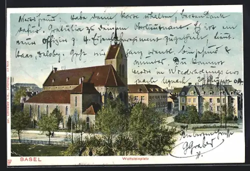 AK Basel, Wettsteinplatz mit Kirche, um 1900