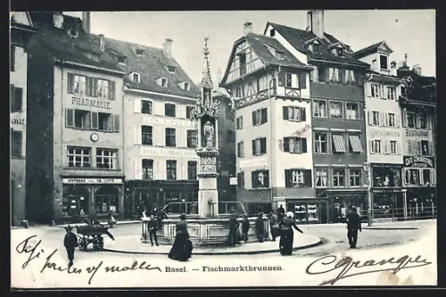AK Basel, Strassenpartie mit Geschäften und Fischmarktbrunnen
