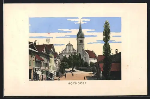 AK Hochdorf, Strassenpartie mit Kirche