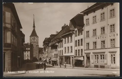 AK Aarau, Vordere Vorstadt mit Hotel Lion und Obertor