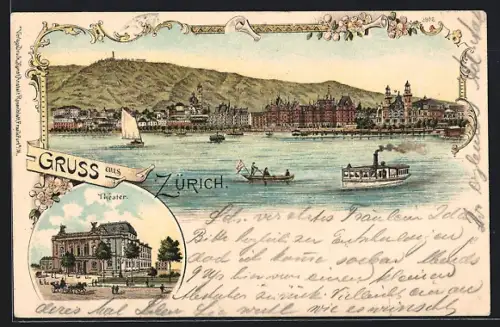 Lithographie Zürich, Teilansicht vom See aus mit Dampfer und Segelbooten, Theater, rosa Blütenverzierung