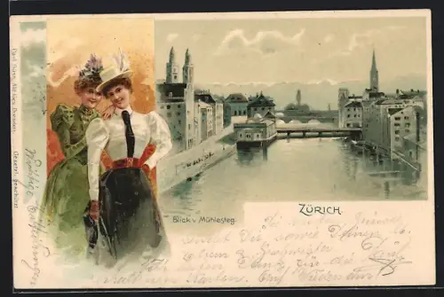 Lithographie Zürich, Blick vom Mühlesteg auf den Ort, Zwei elegante Fräuleins