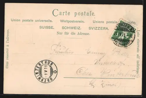 Lithographie Zürich, Blick vom Mühlesteg auf den Ort, Zwei elegante Fräuleins