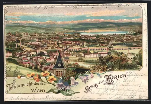 Lithographie Zürich, Totalansicht von der Waid