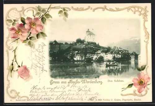 Lithographie Buchs-Werdenberg, Das Schloss, Blumen, Passepartout