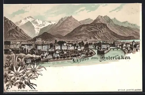 Lithographie Interlaken, Ortsansicht mit Fluss und Bergen