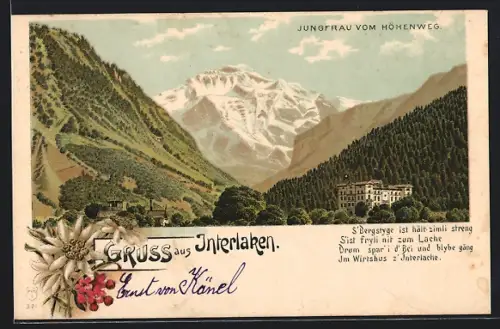 Lithographie Interlaken, Jungfrau vom Höhenweg