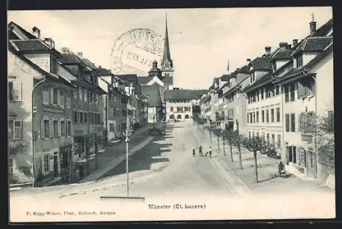 AK Münster /Luzern, Strassenpartie mit Restaurant zum Rosengarten