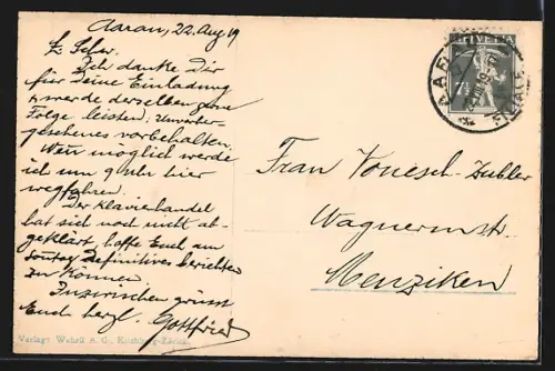 AK Aarau, Blick durch Torbogen auf Strasse mit Geschäften