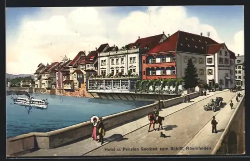 AK Rheinfelden, Hotel und Pension Soolbad zum Schiff, Brücke, Flusspartie mit Dampfer
