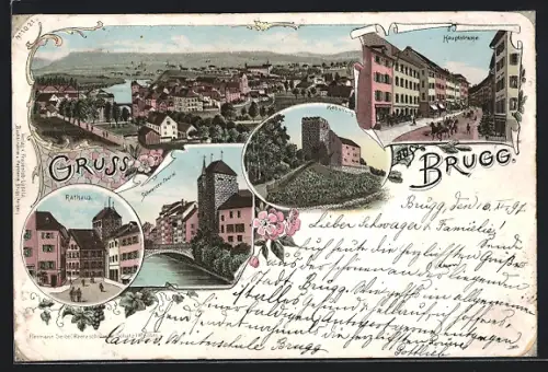 Lithographie Brugg, Schwarzer Thurm, Hauptstrasse, Rathaus