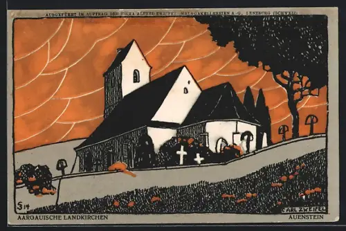Künstler-AK sign. Carl Zweifel: Auenstein, Dorfkirche mit Friedhof