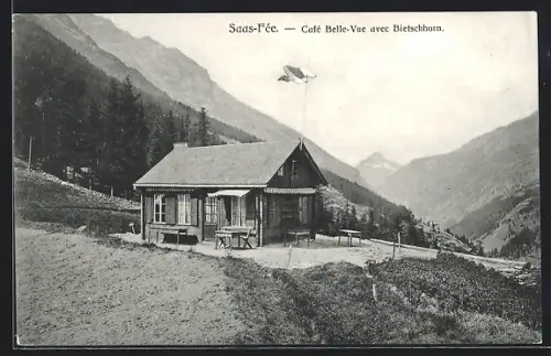 AK Saas-Fee, Cafe Belle-Vue avec Bietschhorn