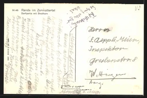 AK Randa im Zermattertal, Ortspartie mit Breithorn