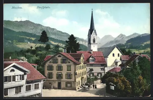 AK Nesslau, Dorfplatz mit Kirche, Häuser und Landschaft