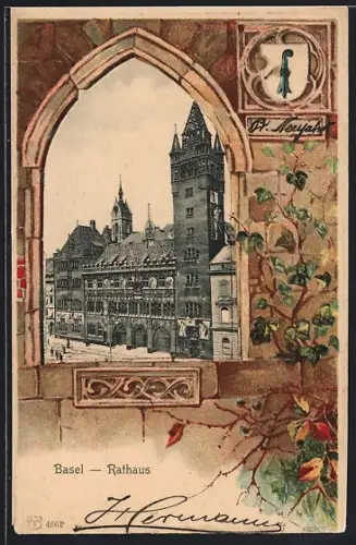 AK Basel, Blick zum Rathaus durch Bogenfenster