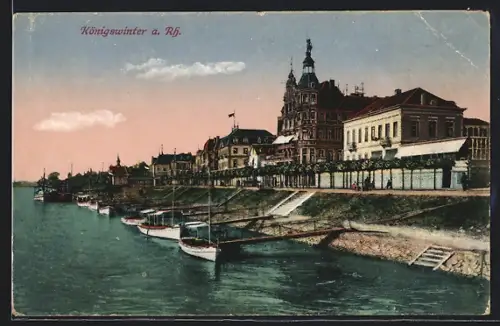 AK Königswinter a. Rh., Partie am Rhein vom Fluss aus mit Booten