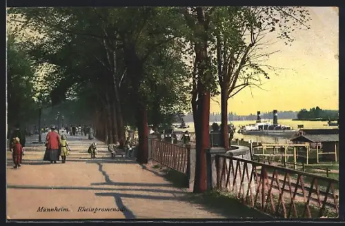 AK Mannheim, Spaziergänger auf der Rheinpromenade