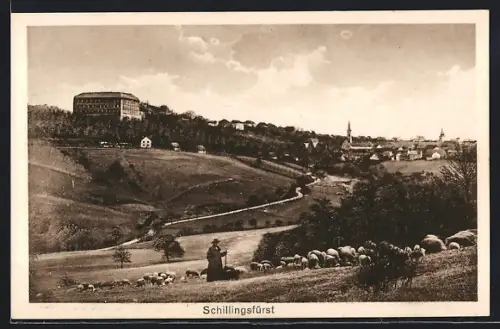 AK Schillingsfürst, Ortsansicht mit Schäfer und Schafen