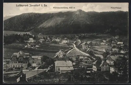 AK Jonsdorf in Sa., Totalansicht mit Albertfelsen