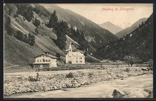 AK Häusling im Zillergrund, Teilansicht des Ortes mit Fluss