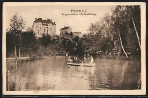 AK Plauen i. V., Poppenmühle mit Streitsberg, See mit Ruderern