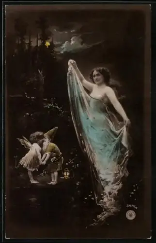 Foto-AK NPG Nr. 344/4: Zwerg und Elfe neben einer Dame mit Schleier bekleidet