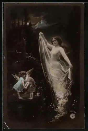 Foto-AK NPG Nr. 344/4: Dame mit Schleier bekleidet, Zwerg und Elfe halten Hände