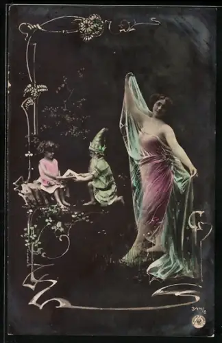 Foto-AK NPG Nr. 344/6: Dame in Schleier gekleidet mit Kind und Zwerg