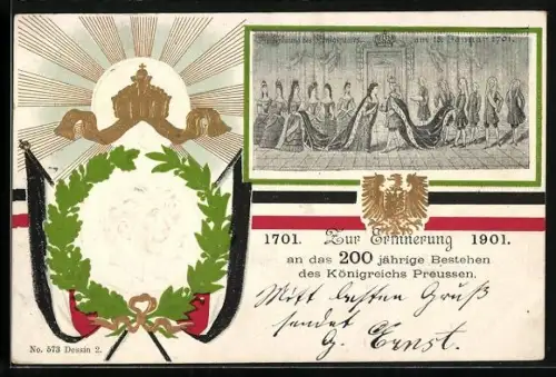 Präge-AK 200 jähriges Bestehen des Königreichs Preussen 1901, Porträt des Kaiserpaars