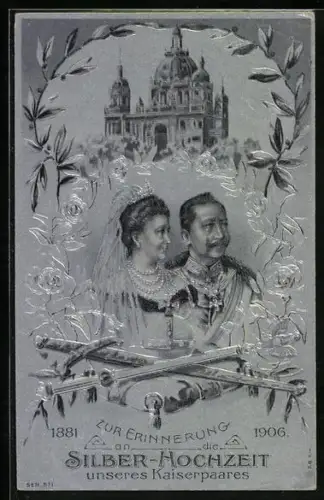 Präge-AK Silberhochzeit des Kaiserpaares 1906, Das Kaiserpaar im Porträt