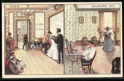 Künstler-AK Gestern, Szene beim Friseur, Heute, Rasur im trauten Heim