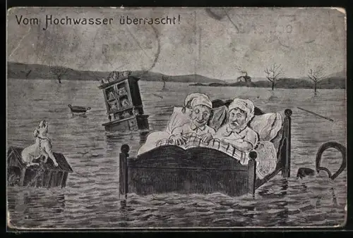AK Vom Hochwasser überrascht, Paar im Bett, Hund und anderen Möbeln schwimmen im Wasser