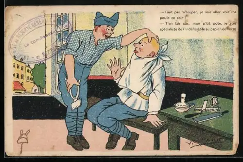 Künstler-AK Französischer Soldat hat für seine Frisur besondere Wünsche