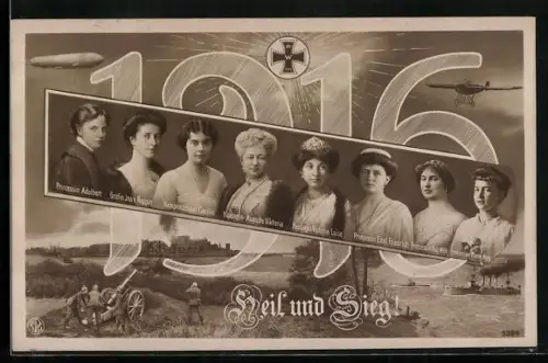AK 1916, Kaiserin Auguste Victoria Königin von Preussen und Prinzessinnen, Montage mit Zeppelin, Flugzeug und Kanone