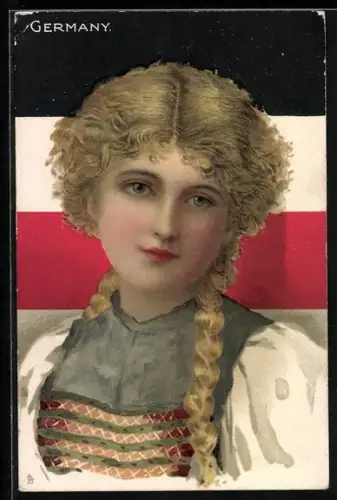 AK Reichsflagge mit Frau in Tracht im Portrait