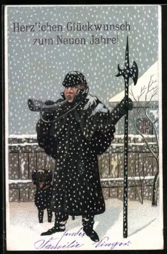 AK Nachtwächter mit Horn und Hellebarde im Schnee