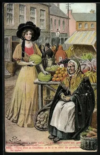 Künstler-AK Fair American lifting a water melon, I guess the apples you grow in Ireland are very small