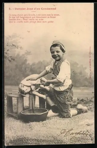 AK 2. Dernier Jour d`un Condamne, kleiner Fleischer blutet das Schwein aus