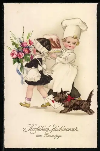 Künstler-AK Glückwunsch zum Namenstag, Koch mit Torte, Mädchen mit Blumen und Hund mit Brief im Maul