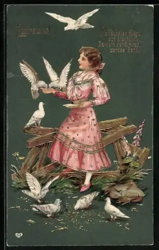 Präge-AK Junge Frau in rosa Kleid bei der Taubenfütterung, golden verziert