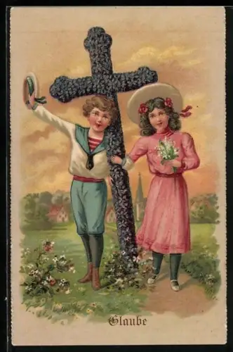 AK Blumenbild, Kinder mit grossem Blumenkreuz