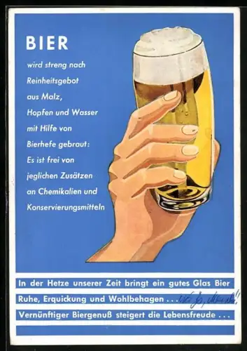 AK Brauerei-Werbung, Hand hält Glas Bier, Text