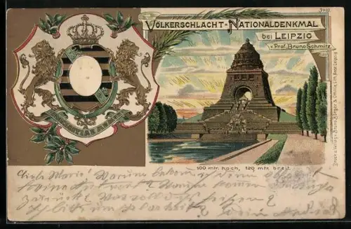 Lithographie Leipzig, Völkerschlachtdenkmal und Sachsenwappen